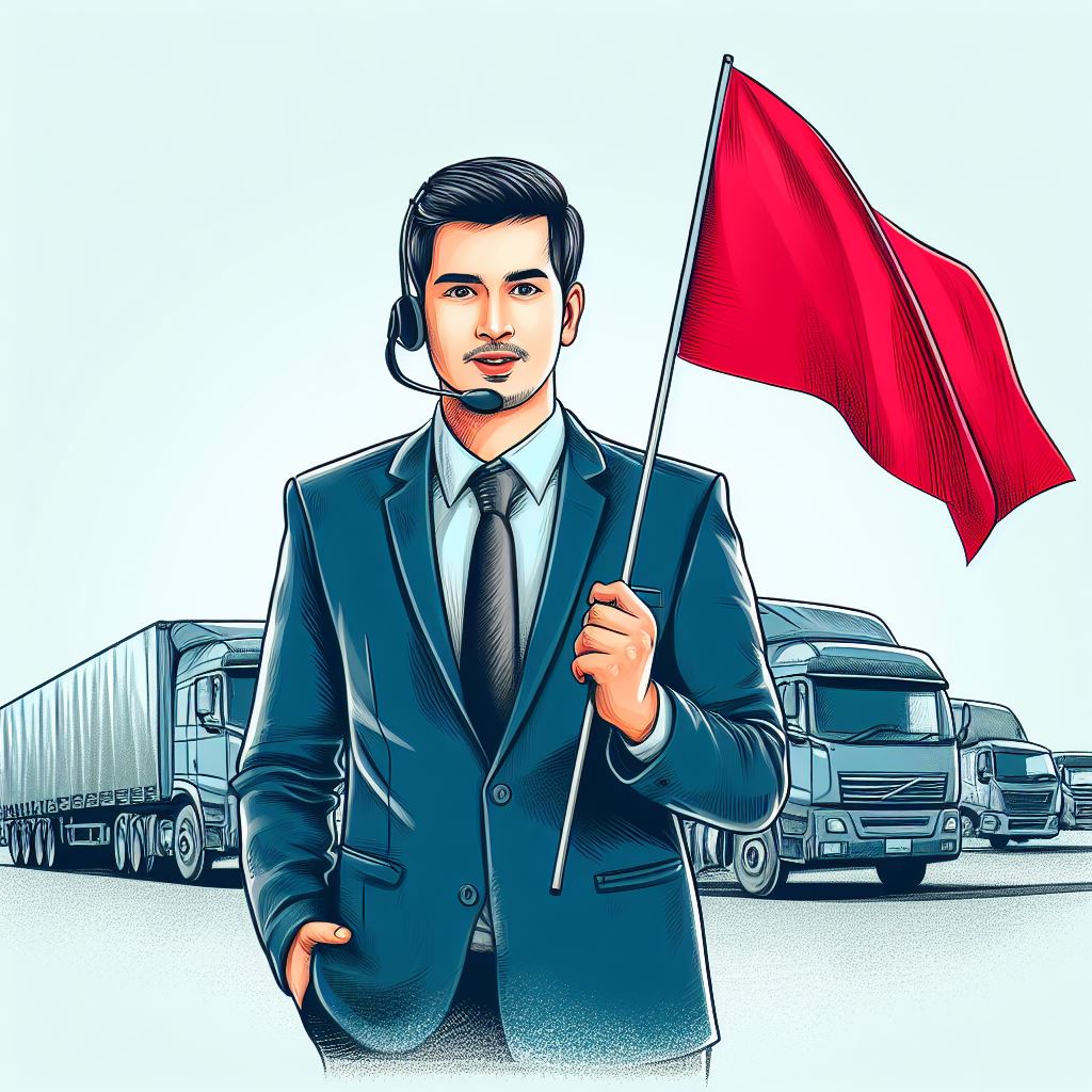 an office worker with headset on his head is holding a red flag standing in front of trucks