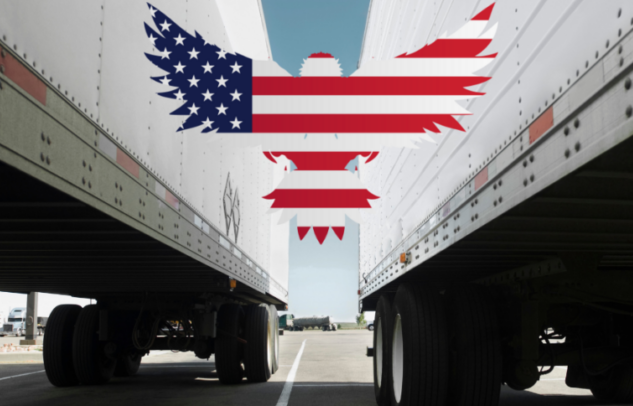 American eagle between two trailers